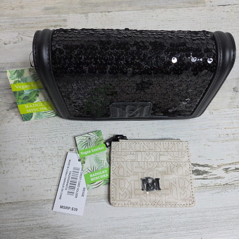 NWTBadgley Mischka Black Sequin Crossbody Bag Clutch VeganLeather MiniCardholder